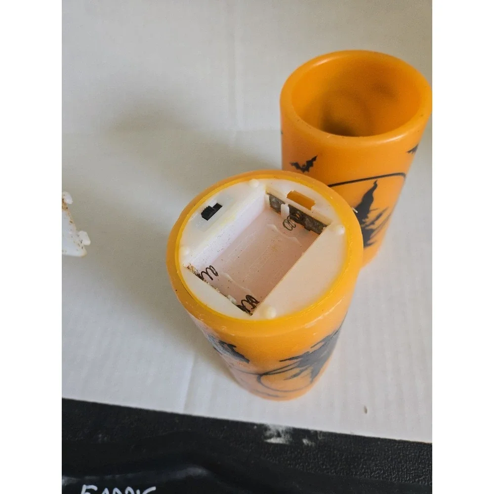 2 Halloween Flameless LED Pillar Candles Orange Black Witch Cat Bats Wax Battey